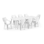 Salon de jardin: table lima 160 240 cm blanche et 8 fauteuils dante blanc