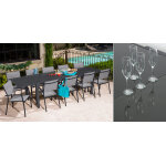 Salon de jardin: table palerme 2 3m et 10 fauteuils tunis gris clair