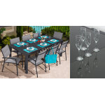 Salon de jardin: table palerme 2 3m et 8 fauteuils tunis gris clair