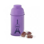 Bo�te tour eiffel en m�tal laqu� violette garnie de p�tes de fruits � la cerise 110g