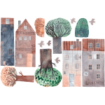 Ambiance - sticker papier peint pr�encoll� enfant maisons en aquarelles