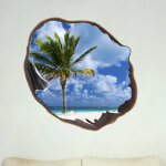 Ambiance - sticker sticker trompe l'oeil palmier et ciel  travers un mur brl