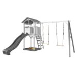 Aire de jeux avec 2 balançoires et toboggan gris Aire de jeux avec 2 balançoires et toboggan gris