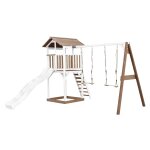 Aire de jeux en bois avec 2 balanoires et toboggan blanc