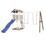 Aire de jeux en bois avec 2 balanoires et toboggan bleu