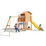 Aire de jeux en bois avec toboggan, cabane, balan�oire marron