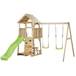 Aire de jeux portique en bois woodi - double balanoire, toboggan, mur d'escalade, bac a sable, table ...