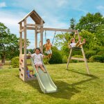 Aire de jeux toboggan - balan�oires - mur d'escalade plaqueminier bois h240cm maron - vert kaki