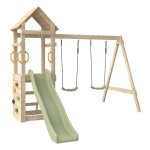 Aire de jeux toboggan et mur escalade gessette bois h210cm marron - vert kaki