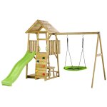 Aire de jeux woodi - balanoires et nid, toboggan, escalade, bac a sable, table marron