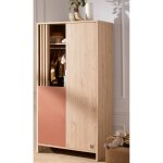 Armoire 2 portes et 1 niche avec claustra en bois d�cor ch�ne suave - tokyo rouge / marron