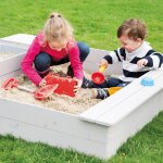 Bac � sable en bois massif avec 2 bancs int�gr�s et 2 bassins gris