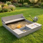 Bac � sable en bois massif avec banc et couvercles + 2 bassins gris