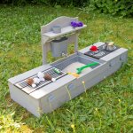 Bac � sable et cuisine 2 en 1 pour balcon - certifi� fsc� - bois massif lasur� gris gris clair