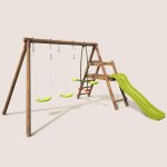 Balan�oire en bois trait� 3 agr�s et toboggan figue marron