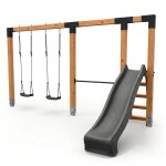 Balan�oire double en bois avec barre fixe et toboggan - jeu jardin exterieur naturel