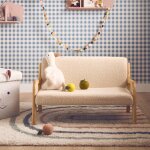 Banquette scandinave enfant en bois et tissu bouclette 2 places beige