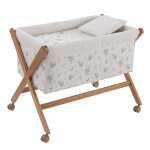 Berceau � pieds crois�s en bois de h�tre avec roulettes et matelas beige / blanc / gris