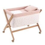 Berceau � pieds crois�s en bois de h�tre avec roulettes et matelas beige / blanc / rose