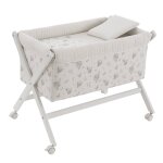 Berceau � pieds crois�s en bois de h�tre avec roulettes et matelas blanc / gris