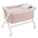 Berceau � pieds crois�s en bois de h�tre avec roulettes et matelas blanc / rose