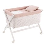 Berceau � pieds crois�s en bois de h�tre avec roulettes et matelas blanc / rose � motifs