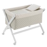 Berceau � pieds crois�s en bois de h�tre avec roulettes et matelas vert / blanc