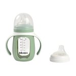 Biberon d'apprentissage en verre 2 en 1 - 210ml + housse silicone vert