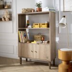 Biblioth�que 2 portes d�tail imitation bois textur� et pieds bois - mokka marron