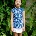 Blouse chinoise imprim� poissons koi annam bleu rouge