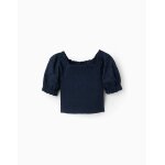 Blouse en coton avec �lastique smock� et volants bleu fonc�