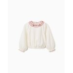 Blouse en coton � manches longues avec col brod� blanc