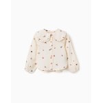 Blouse en coton � manches longues avec fleurs brod�es blanc