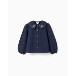 Blouse en coton � manches longues avec fleurs brod�es bleu fonc�