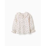 Blouse en coton � manches longues et motif fleuri blanc