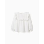 Blouse en coton � manches longues avec volants et broderie blanc