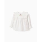 Blouse en coton � manches longues avec volants et fleurs blanc