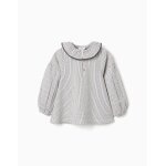 Blouse en coton � rayures et col volant� b&s blanc