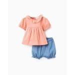 Blouse en coton + short en jean � volants orange clair