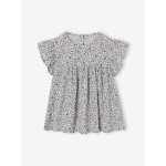 Blouse fille imprim�e manches courtes � volants blanc imprim�