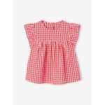 Blouse fille imprim�e manches courtes � volants carreaux rouge