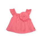 Blouse pour fille en toile avec grande fleur sur le devant rose