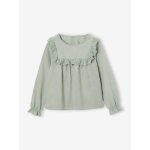 Blouse fille velours à volants détails broderie anglaise vert de gris Blouse fille velours à volants détails broderie anglaise vert de gris