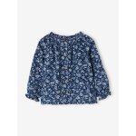 Blouse à fleurs en gaze de coton bébé fille bleu jean Blouse à fleurs en gaze de coton bébé fille bleu jean