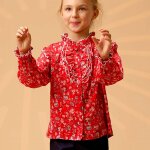 Blouse fleurie avec col � volants lili rose rouge