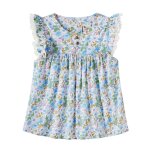 Blouse fleurie liberty � volants appoline bleu ciel rose