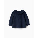 Blouse en velours ctel  manches longues et volants b&s bleu fonc