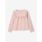 Blouse en velours à volants et détails en broderie anglaise fille rose poudré Blouse en velours à volants et détails en broderie anglaise fille rose poudré