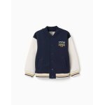 Blouson bomber en coton peign� avec imprim� bleu fonc�