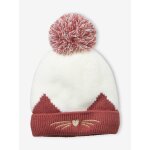 Bonnet brod chat en maille ctele rose fonc